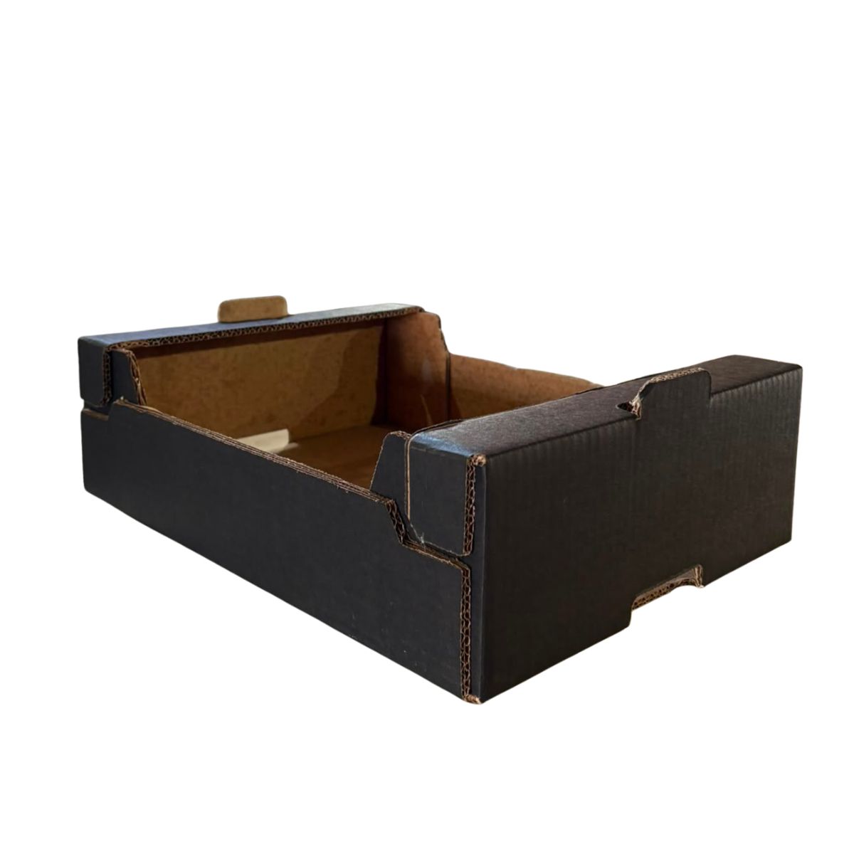 Scatola portaoggetti in cartone nero con interno marrone e sportello frontale apribile.