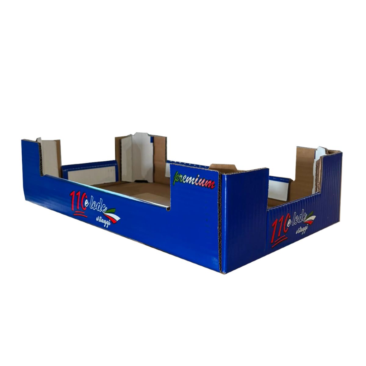 Espositore in cartone blu con logo bianco e rosso, su sfondo bianco.