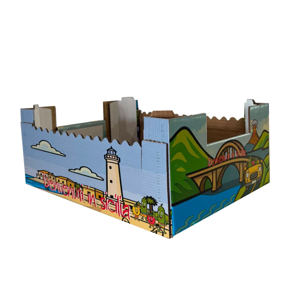 Set di gioco in cartone colorato con scene dipinte di faro, montagne, ponte e fiume.