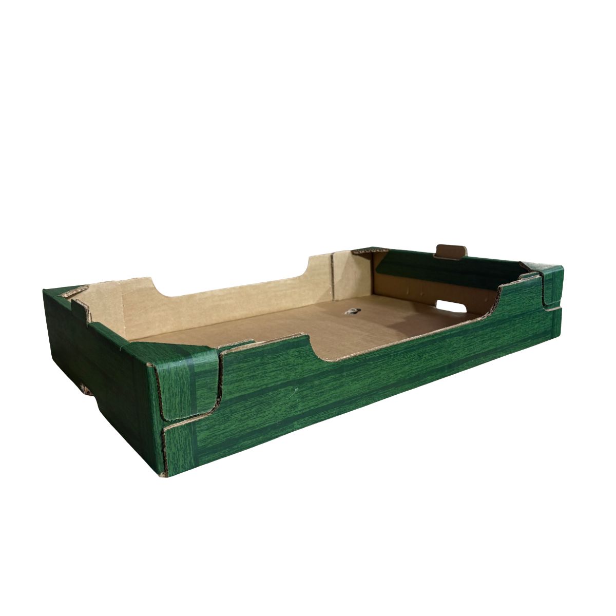 Vassoio in cartone ondulato verde con interno beige, mostrato su sfondo bianco.