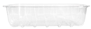 Contenitore per alimenti in plastica trasparente con coperchio trasparente, vuoto su sfondo bianco.