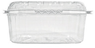 Contenitore in plastica trasparente con coperchio a chiusura ermetica, mostrato su sfondo bianco.