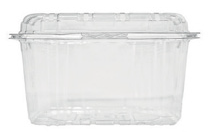 Contenitore per alimenti in plastica trasparente con coperchio, su sfondo bianco.