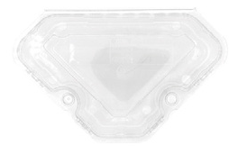 Coperchio triangolare trasparente in plastica con due piccoli fori laterali e un'area centrale incassata.