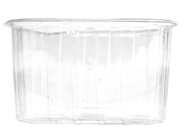 Contenitore da asporto in plastica trasparente con coperchio traslucido, vuoto su sfondo bianco.