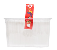 Contenitore di plastica trasparente con un'etichetta rossa agganciata sul davanti.