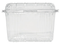 Contenitore per alimenti da asporto in plastica trasparente con coperchio incernierato, mostrato chiuso su sfondo bianco.