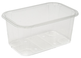 Contenitore rettangolare in plastica trasparente con angoli arrotondati su sfondo bianco.