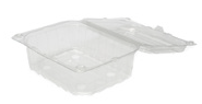 Contenitore da asporto in plastica trasparente a conchiglia con coperchio incernierato, vuoto e leggermente aperto.