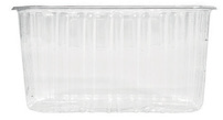 Contenitore per alimenti in plastica trasparente con nervature verticali, isolato su sfondo bianco.