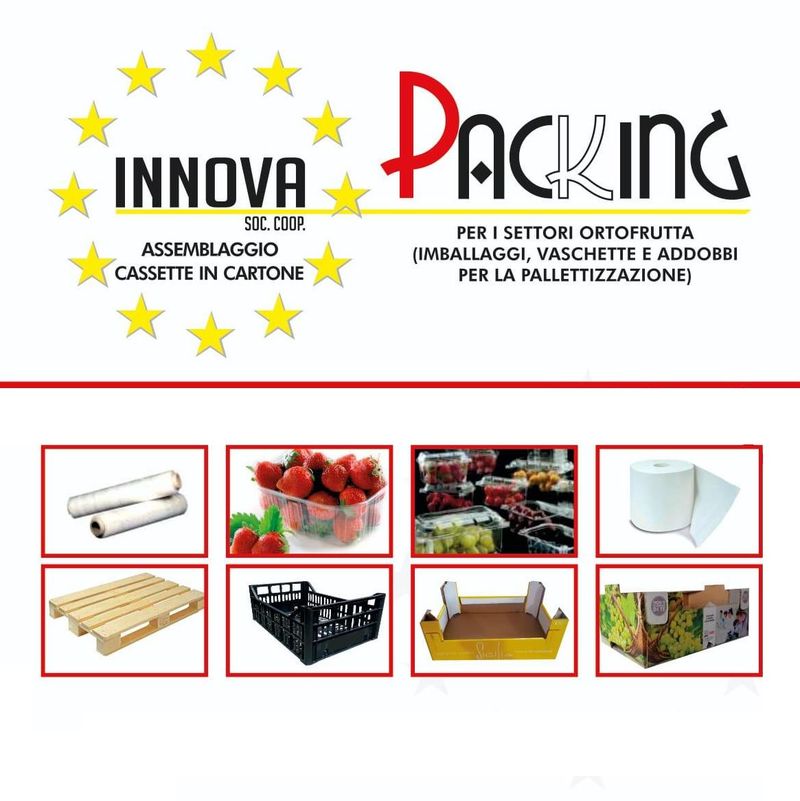 Logo di Innova Packing con miniature dei prodotti di imballaggio su sfondo bianco.