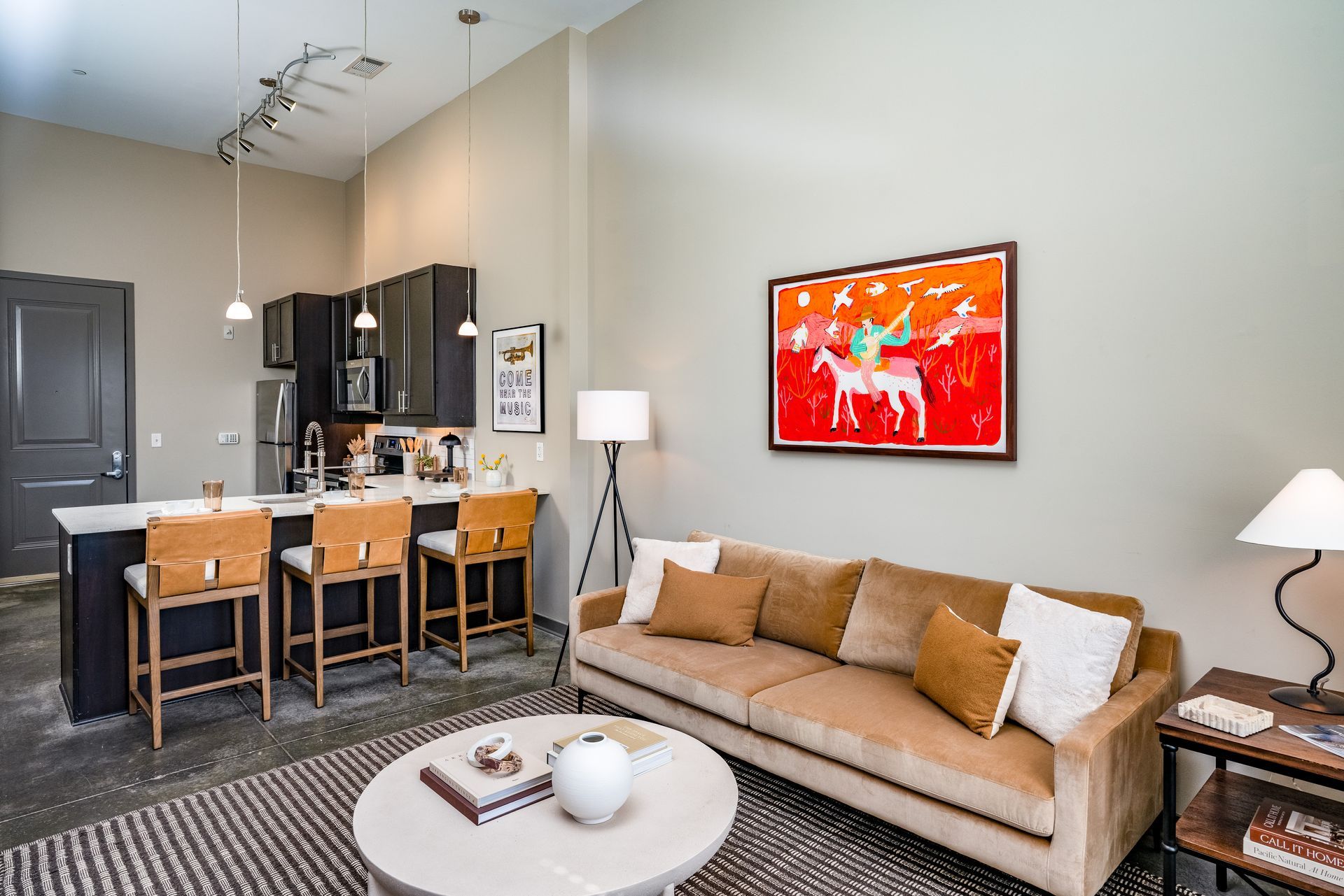 A living room with a couch and a coffee table