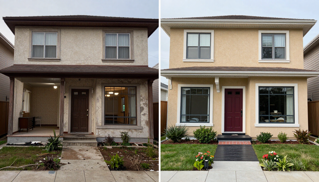 Before-and-after view of a house exterior renovation with dark and light siding, updated porch, and landscaping.
