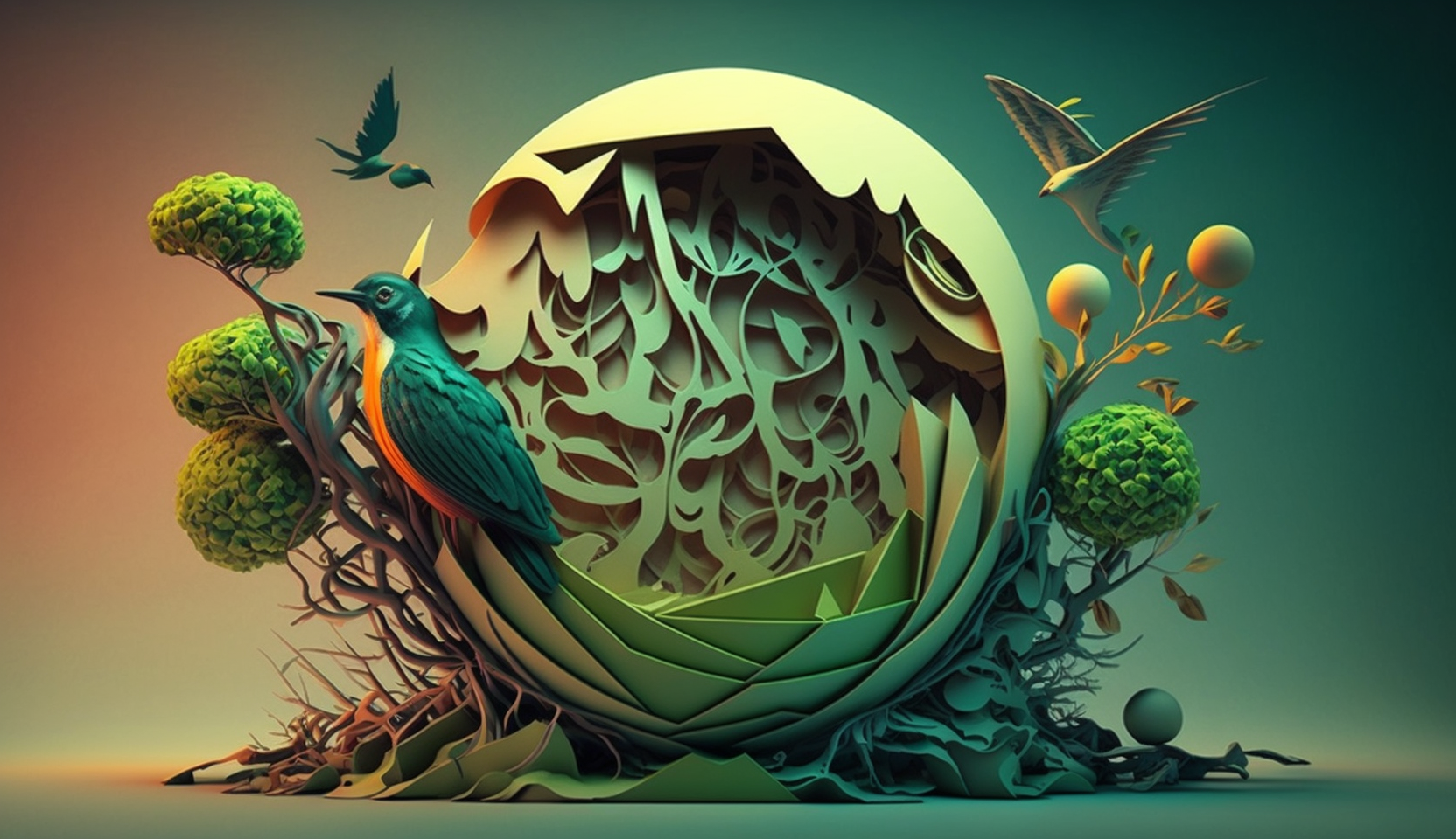 A bird is sitting on top of a sphere surrounded by trees.