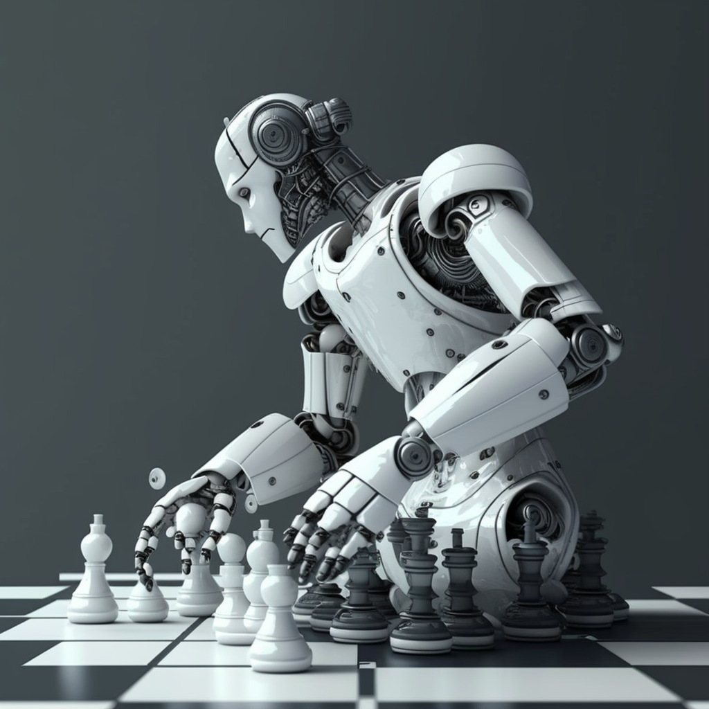 A robot is playing chess on a checkered board