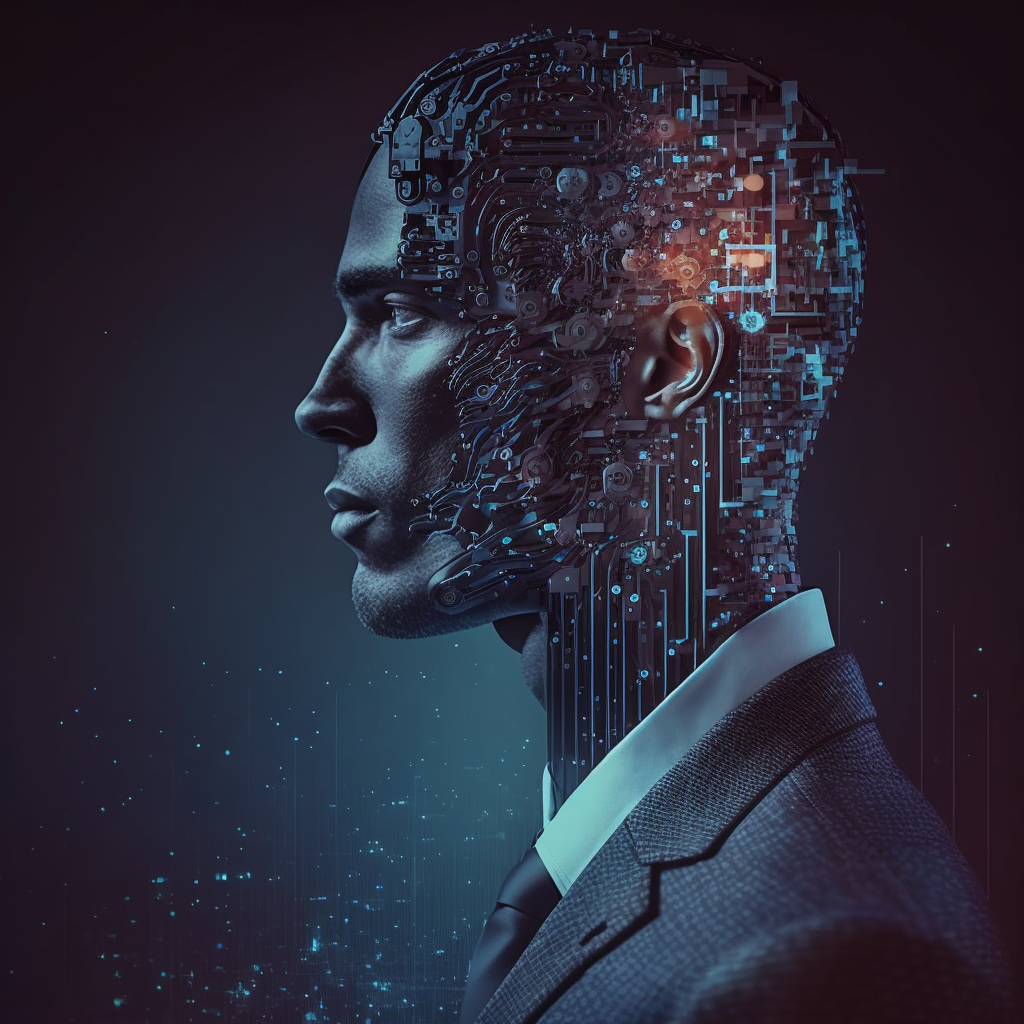 A man in a suit and tie with a computer chip coming out of his head.