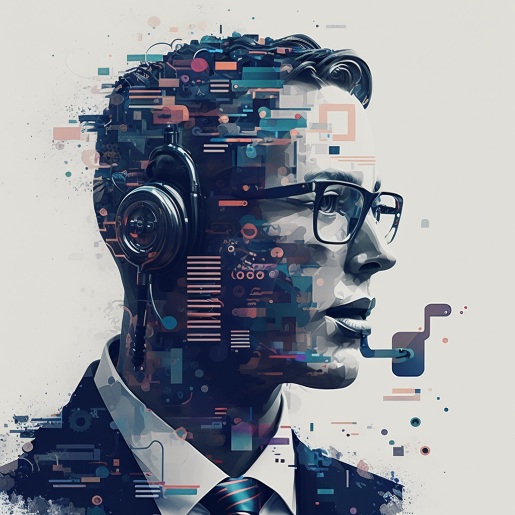 A man in a suit and tie is wearing headphones and glasses.