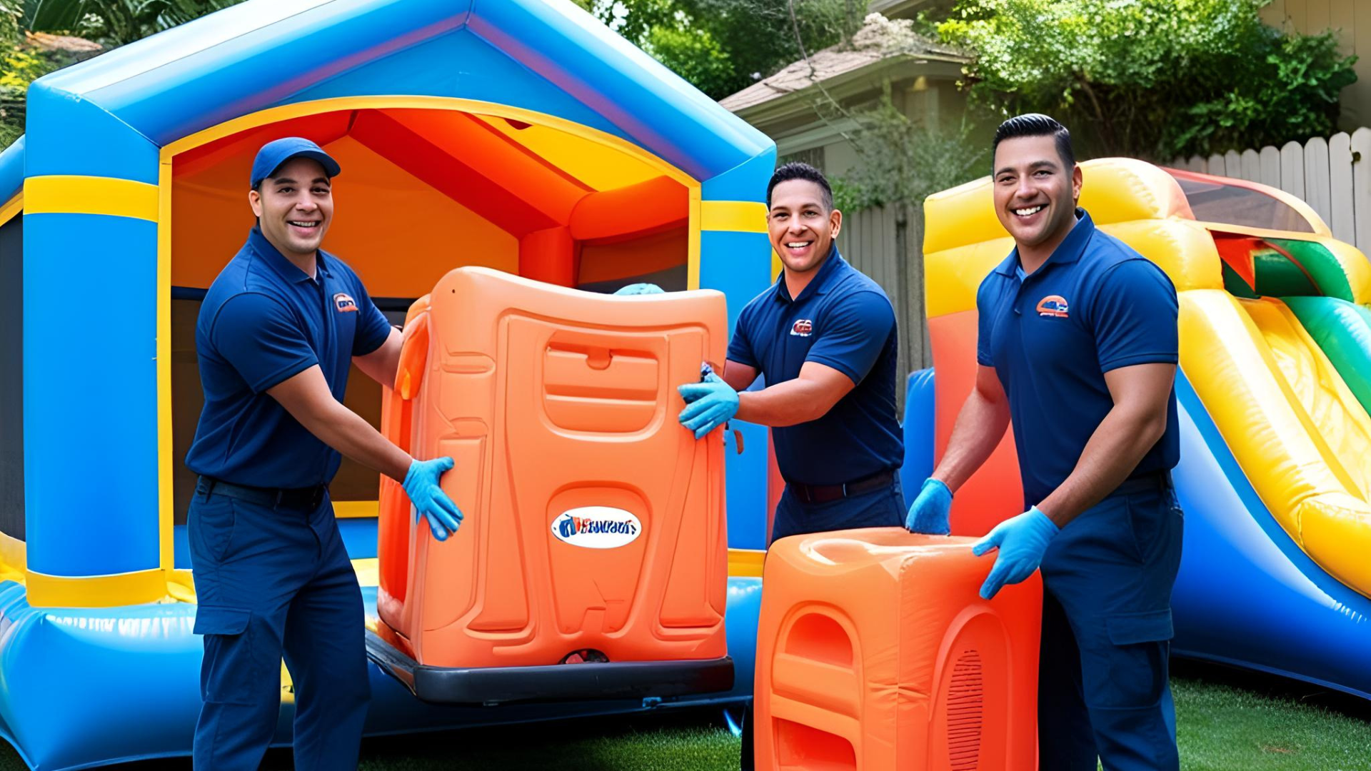 Three men are standing in front of an inflatable bouncy house.