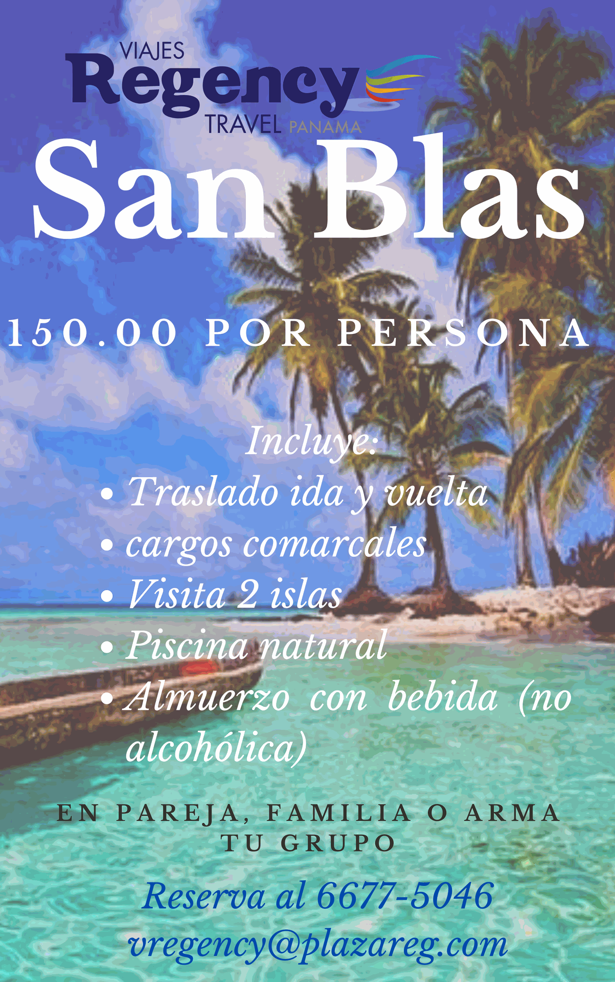 Un cartel de viajes de la regencia muestra una playa y palmeras.