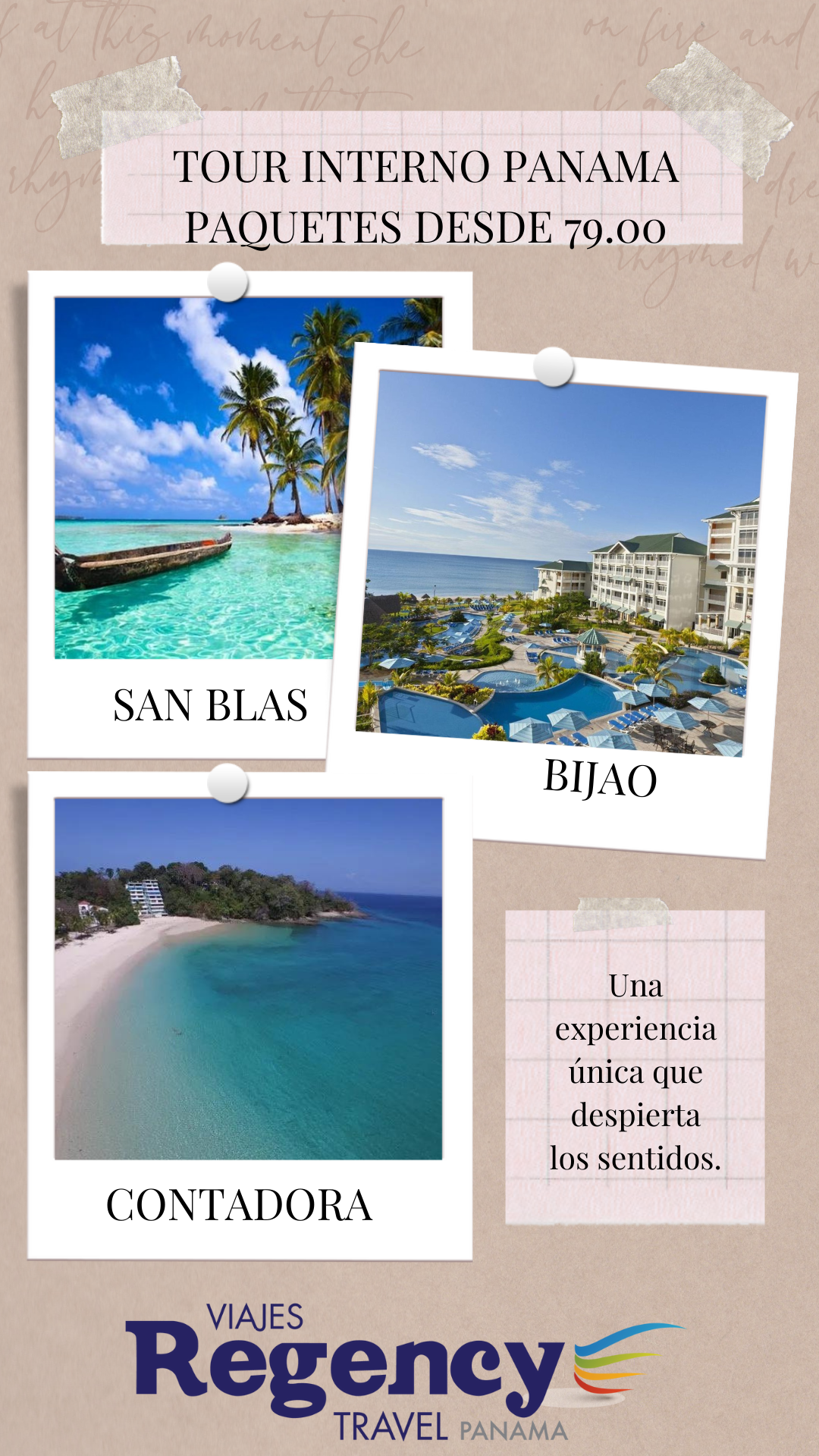 Un cartel para un tour en Panamá con fotos de playas y edificios.