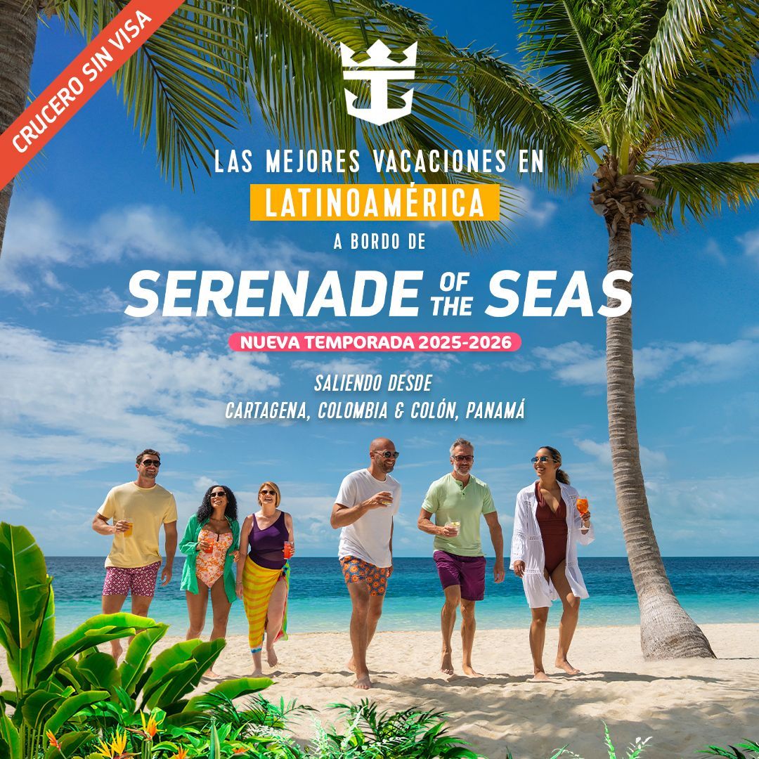 Un anuncio de Serenade of the Seas muestra a un grupo de personas caminando por una playa.