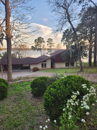 Rural house at dusk with trees, driveway, and flowering shrubs in the foreground