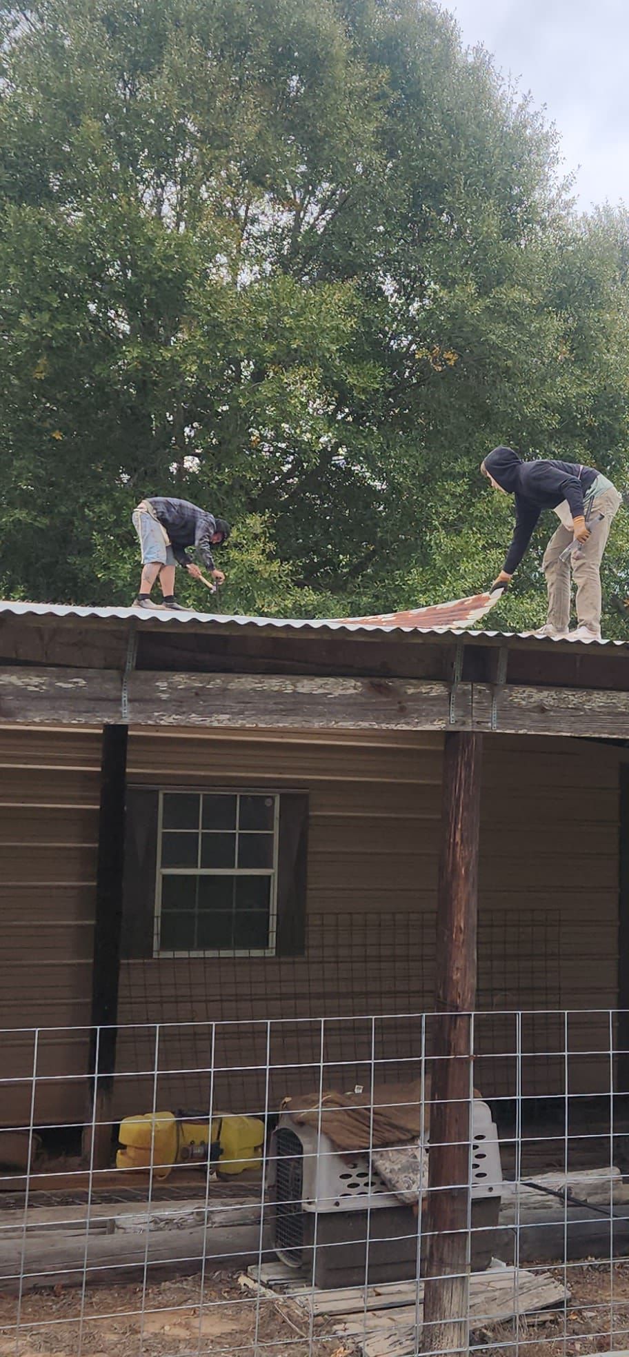 Two workers repairing a roof on a house, with trees in the background.