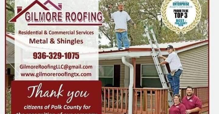 Gilmore Roofing ad with logo, contact info, workers on a roof, and “Thank you” message for Polk County