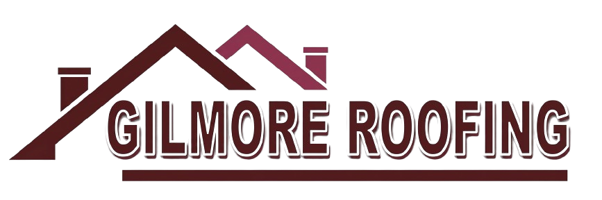 Gilmore Roofing logo with maroon house roof outline and bold text on white background