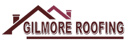 Gilmore Roofing logo with maroon house roof outline and bold text on white background