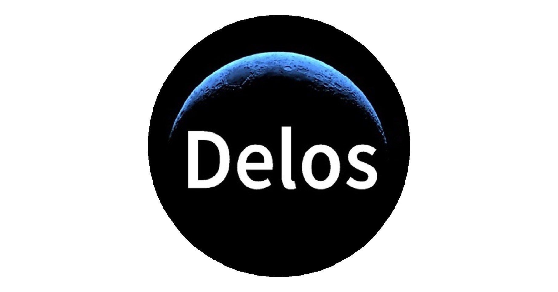 Delos logo: blue celestial body in a black circle with the word