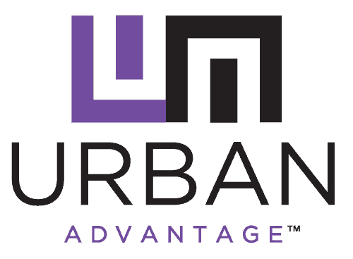 Logo for Urban Advantage with abstract lettermark in purple and black, with