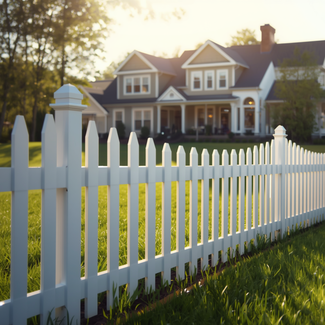 White picket fence in front of a suburban house at sunrise, with green lawn and warm sunlight