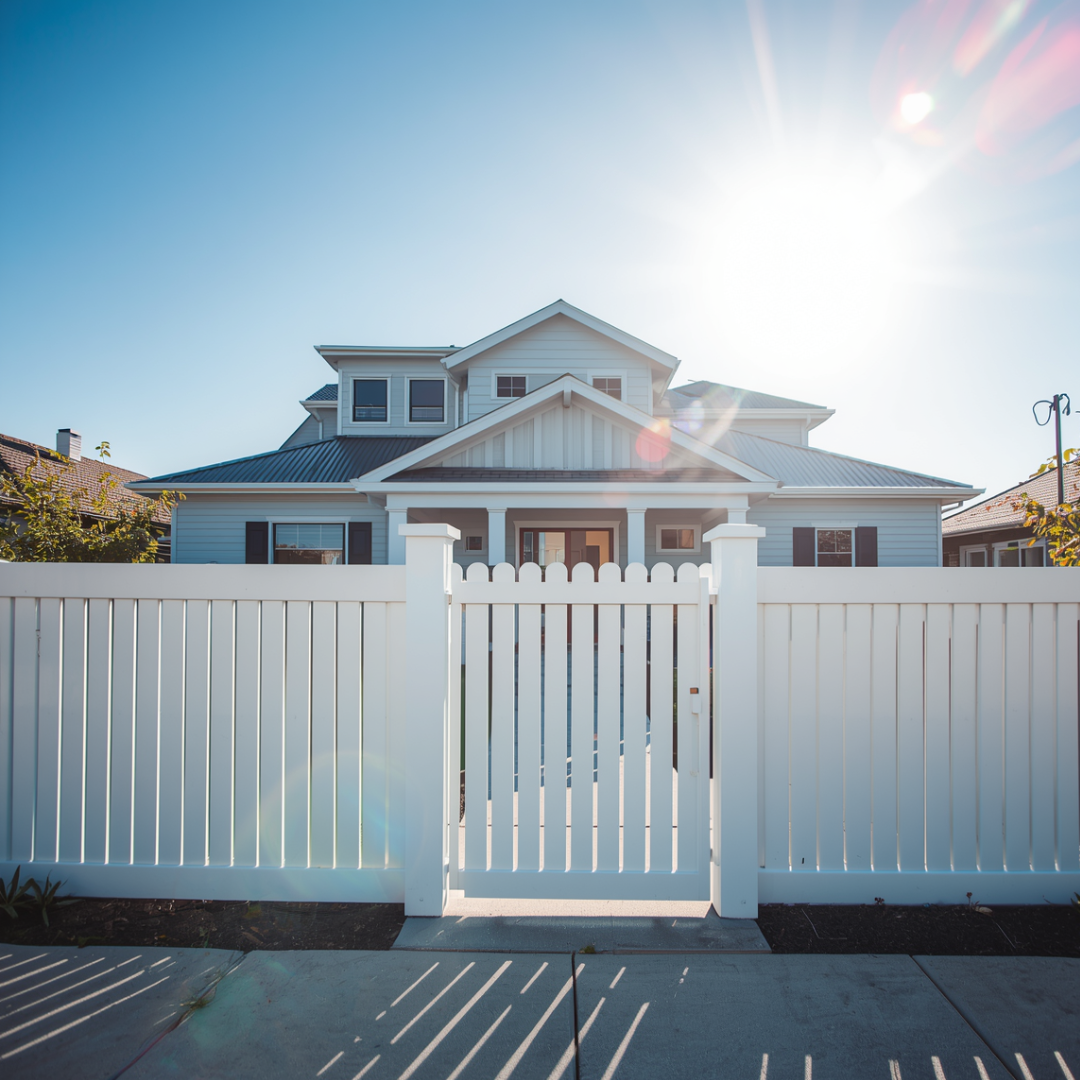 White house with a front fence and gate, bright sun flare overhead, viewed from the street