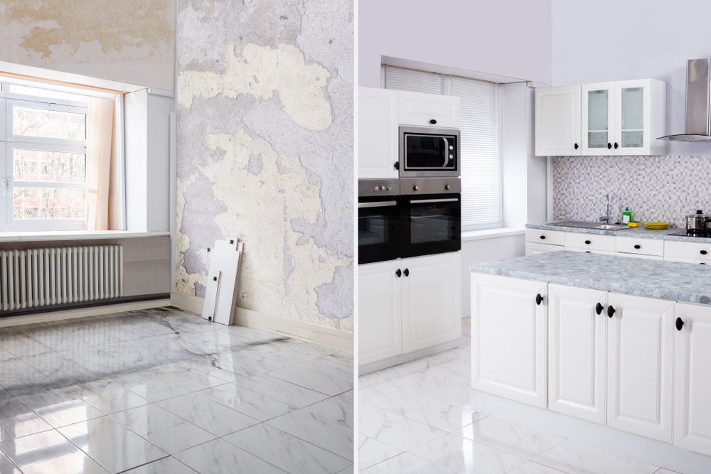 Before and After Photo of a Kitchen With White Cabinets — Shaun Jarvis Quality Constructions in Medowie, NSW