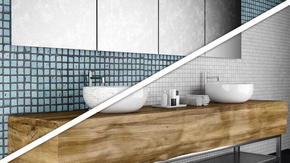 Bathroom With Two Sinks and a Wooden Counter Top — Shaun Jarvis Quality Construction in Maitland, NSW