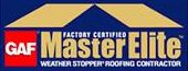 A logo for gaf master elite weather stopper roofing contractor