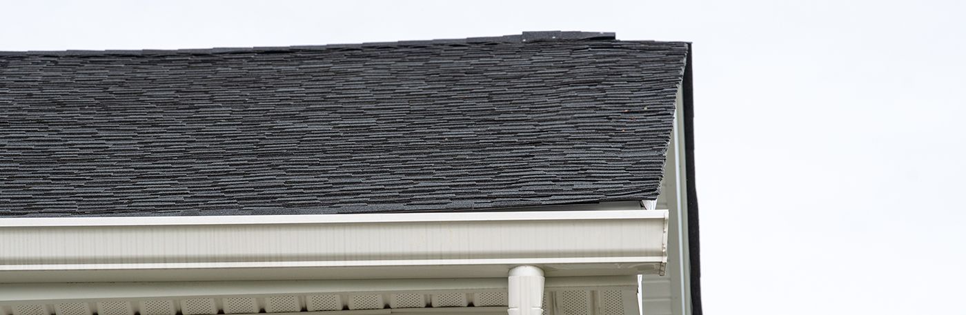 House roof with dark gray shingles and white gutter against a pale sky