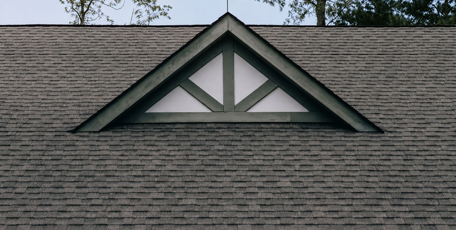 Gray shingled roof with a central triangular dormer and decorative white trim
