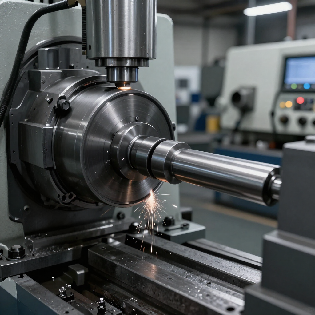 Torneado CNC de un eje metálico con chispas en un taller industrial