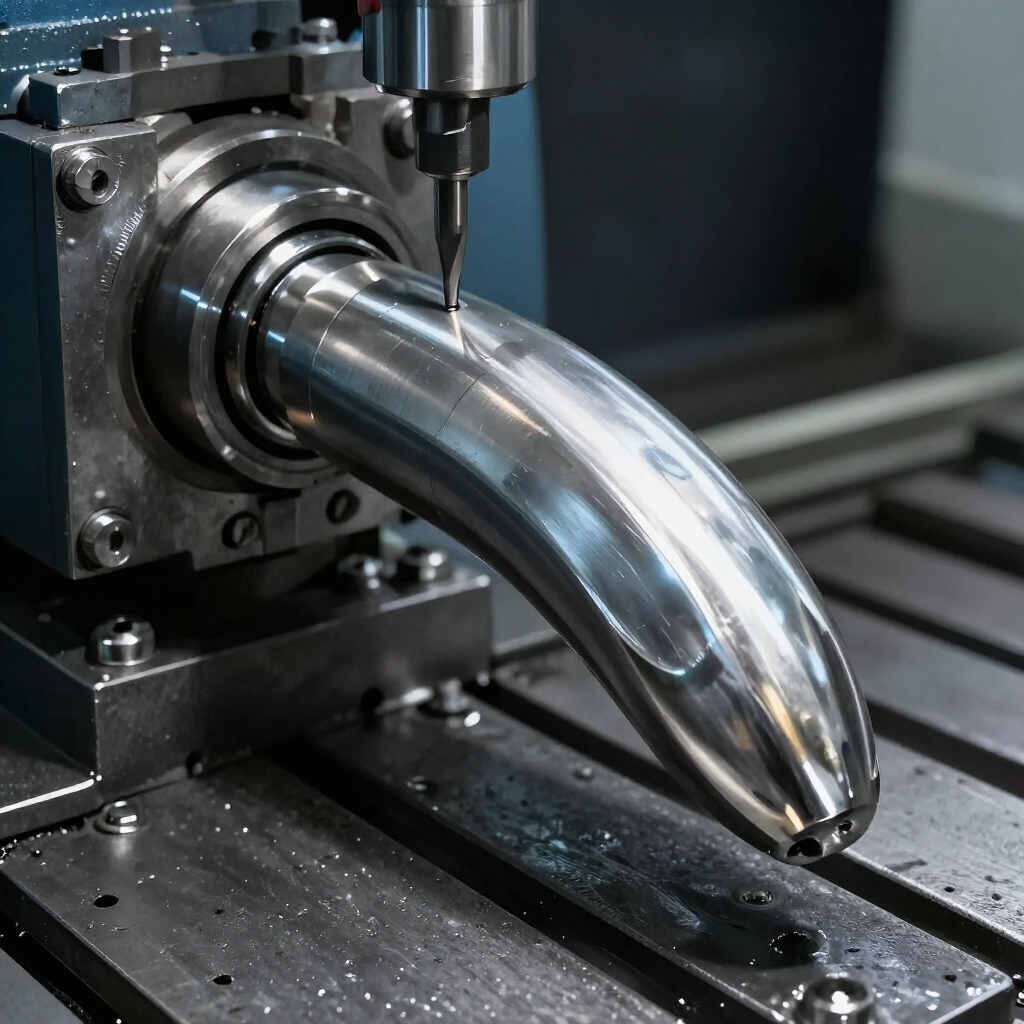 Máquina CNC dando forma a un tubo metálico brillante con una herramienta de corte en un taller industrial