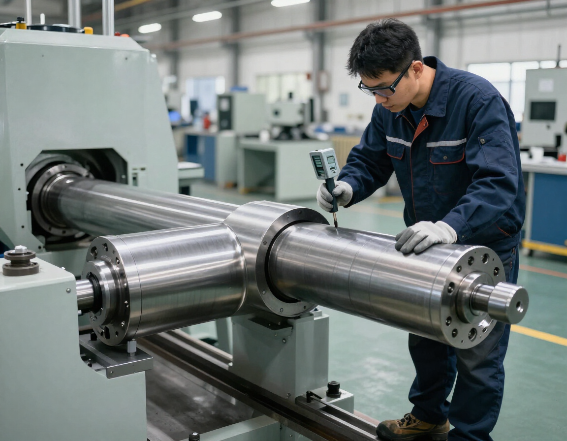 Técnico revisando un rodillo industrial