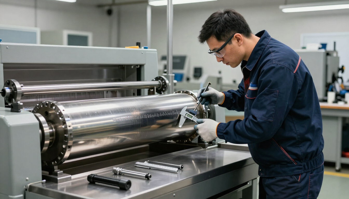 Operario revisando un cilindro industrial para impresión flexográfica