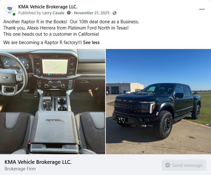 Black pickup truck for sale with interior dashboard and center console photos, dealership post on Facebook.