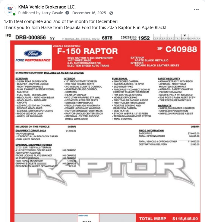 Window sticker for a red Ford F-150 Raptor, showing features and total MSRP.