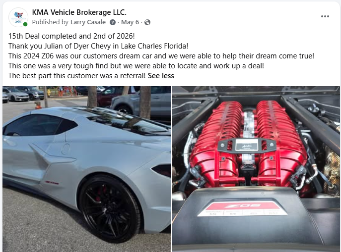 White sports car beside its red twin-turbo engine display at KMA Vehicle Brokerage LLC.