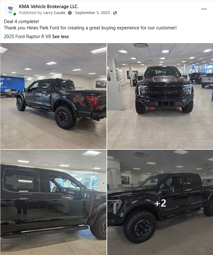 Black 2023 Ford Ranger Raptor pickup in a dealership showroom, shown from multiple angles.