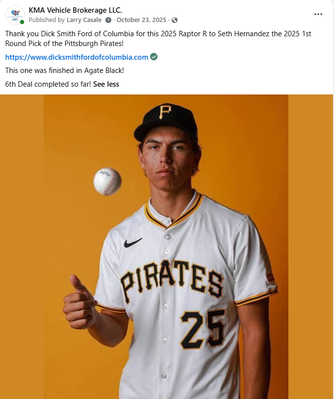 Pirates baseball player in white jersey and black cap holding a baseball against an orange background