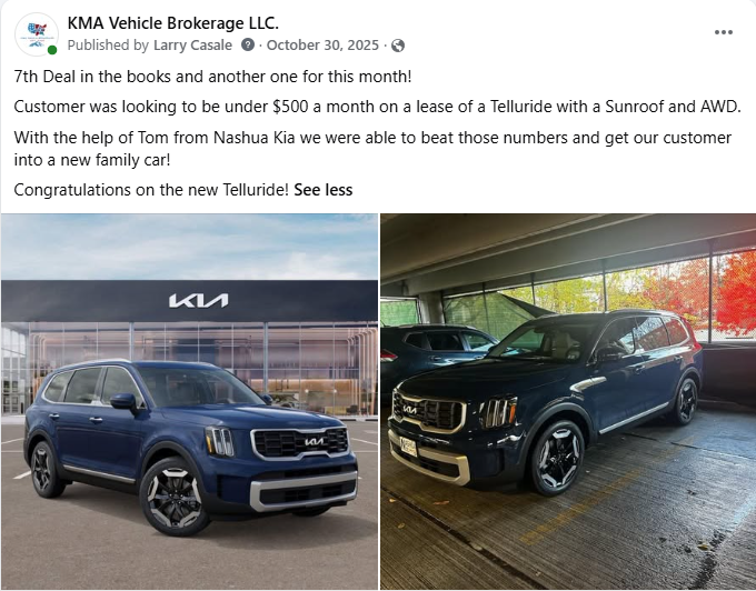 Kia Vehicle Brokerage LLC post showing two dark blue Kia SUVs parked indoors and outdoors.