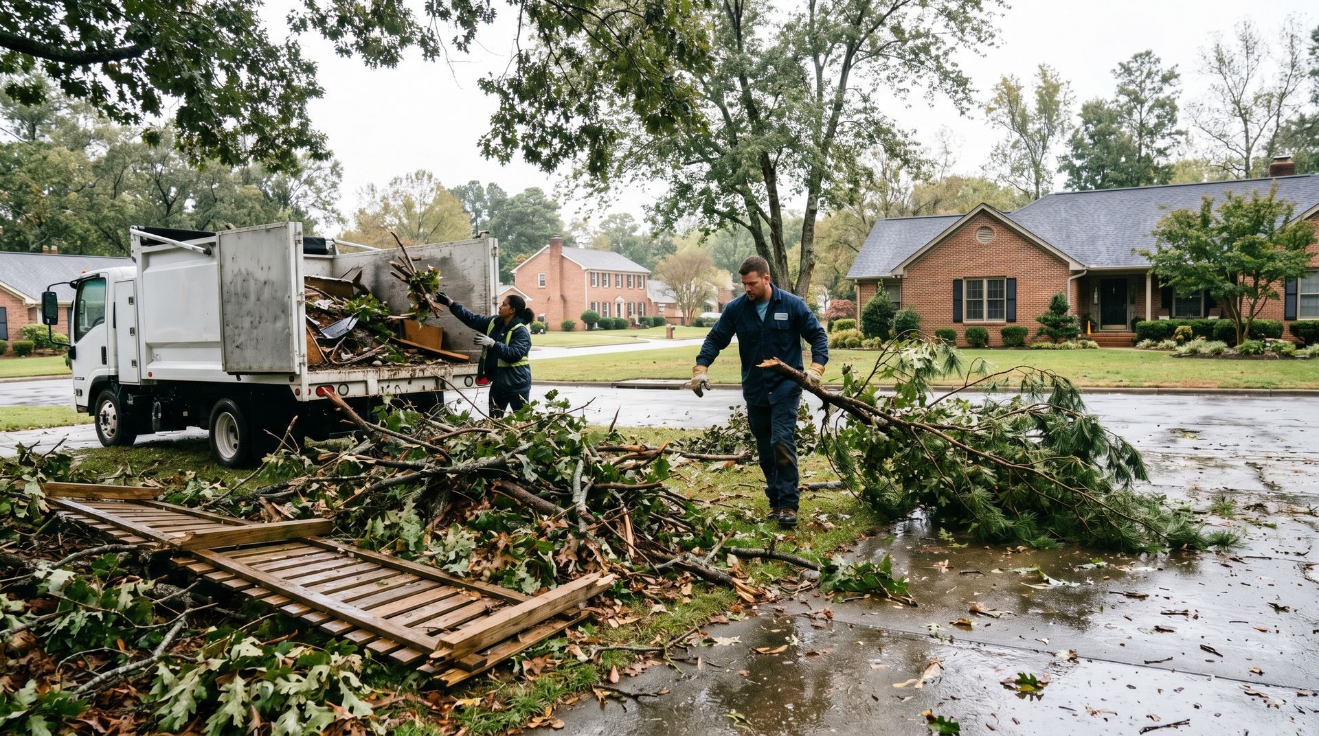 Storm debris and branches organized near a junk removal truck